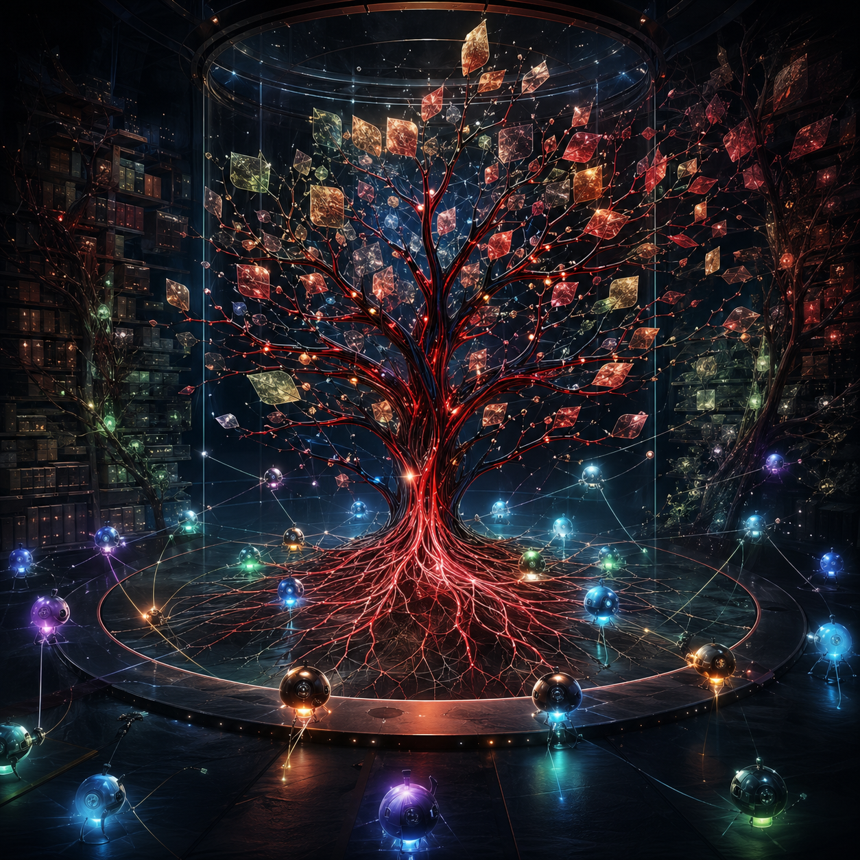 Glowing memory tree with small agent nodes around a safe observation ring.